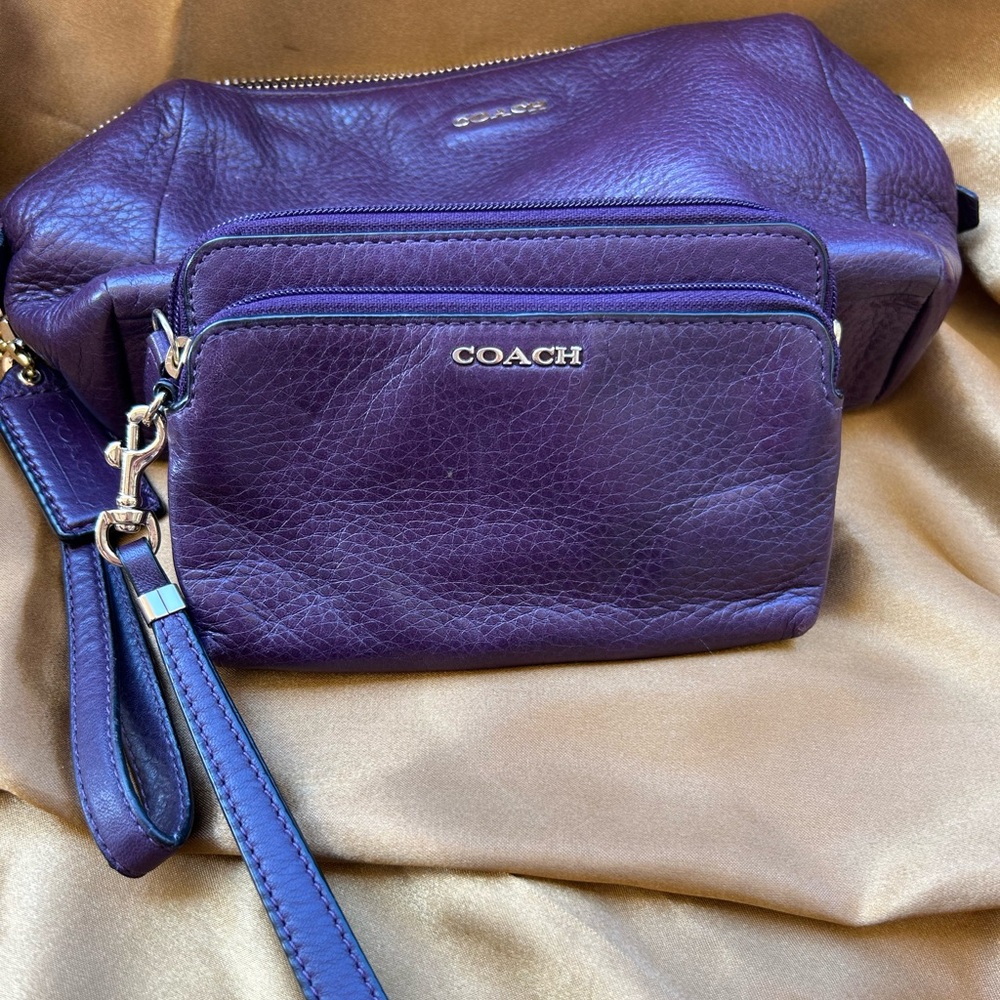 Coach Eggplant Purple Leather Pouch & matching Small Card/Coin Purse🌂🧞